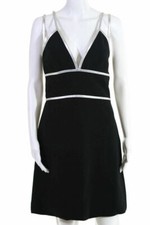 PRADA - Black Wool Silver Leather Lined Strappy V-Neck Mini A-Line Dress 14 44 