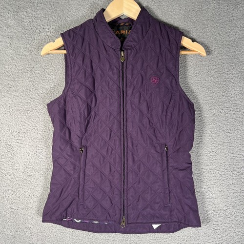 Ariat Quilted Puffy Vest Outdoor Zip Pockets Purple Utility Polyester