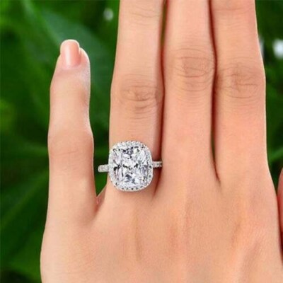 Cushion 3.80Ct Diamond White Gold Finish Halo Engagement Ring Simulated Size 7.5