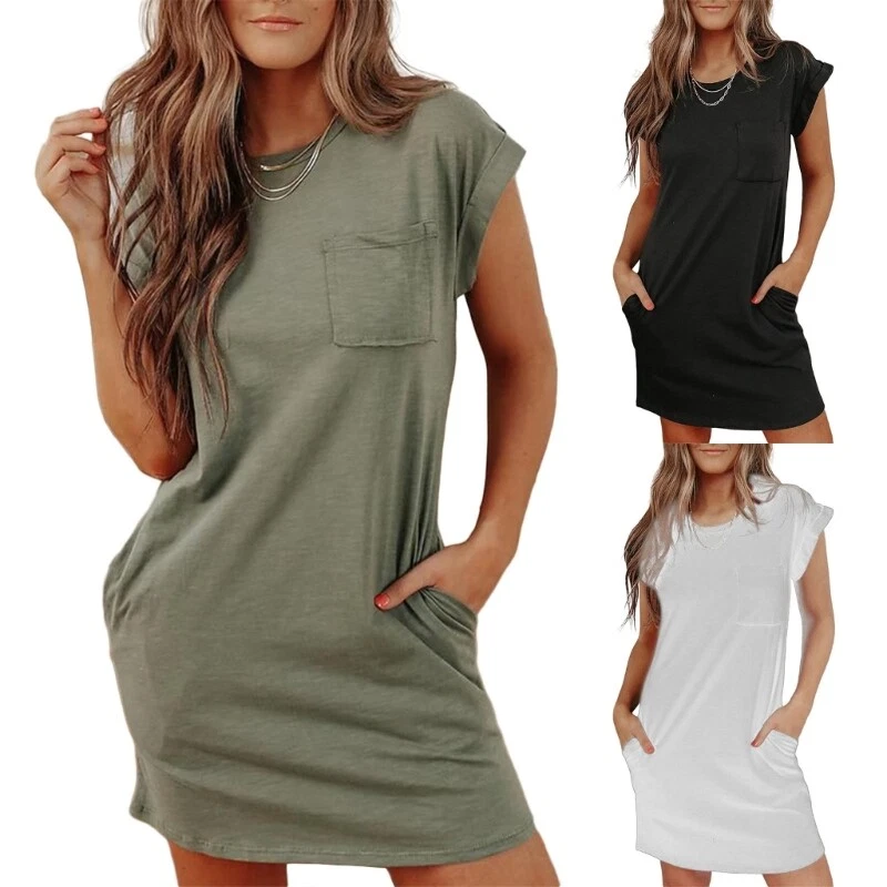 Women s Summer Fall Short Sleeve T Shirt Dress with Pockets Loose