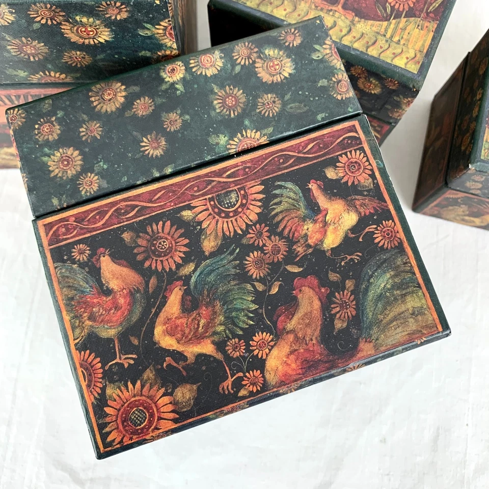 Vintage Bobs Boxes 4 Stacking Nesting Roosters Chickens Rise and Shine Excellent - Image 4 of 4