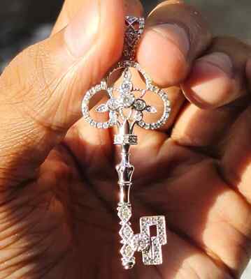 1.00 Ct Round Cut Real Moissanite Key Charm Pendant 14K White Gold Plated silver