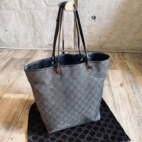 GUCCI GG Tote Hand Bag Leather Canvas Grey Black Silver Hardware Logo From Japan