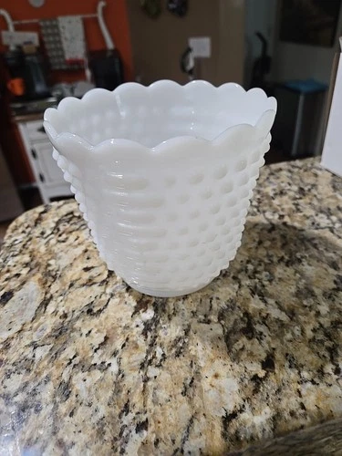 Vintage Fire King Oven Ware White Milk Glass Hobnail Scalloped Rim Bowl Planter