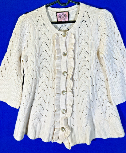 Juicy Couture Cream Ruffled Cardigan 50% Cashmere 50% Merino Wool Women's Medium