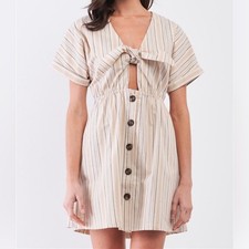 Le Lis Mini Shirt Dress Womens S Cream Striped Tie Front Cut Out Cottagecore 