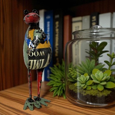 Rustic 15'' Repurposed Recycled Colorful Scrap Metal Frog w/ Umbrella Statue Home