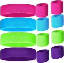 80s Neon Headbands and Wristbands Set - Sweatbands for Sports, Women, Men