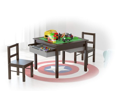 UTEX Wooden 2 in 1 Kids Construction Play Table and 2 Chairs Set with Storage...