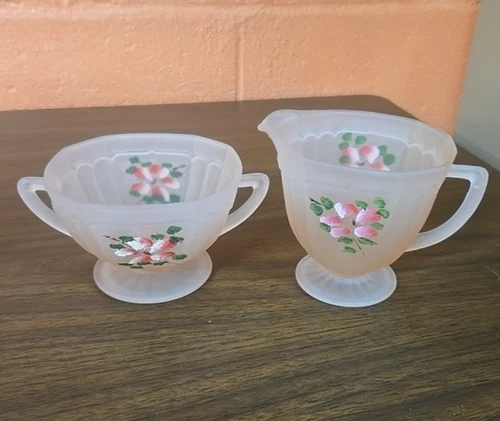 Depression satin glass creamer open sugar Mayfair Pink hand painted floral