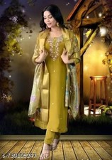 3 PCS Yellow Rayon Cotton Embroidered Work Kurta Pant Dupatta Set For Women Gift