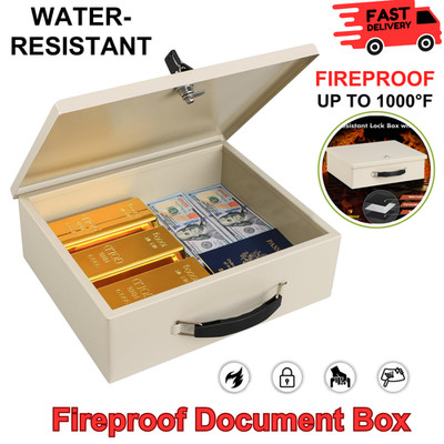 Fireproof Document Box with Key Lock, Small Safe Chest for Valuables, Portable