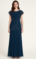 NEW Adrianna Papell Sequin Beaded Mesh Gown Dress Flutter Sleeve Blue SZ 10