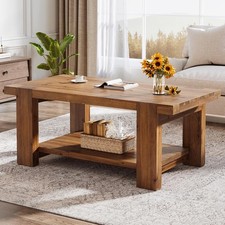 47.2" Farmhouse Solid Wood Coffee Table 2-Tier Rectangle Center Table Furniture