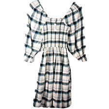Madewell Plaid Flannel Puff Sleeve Smocked Babydoll Dress XXS White Black Goth