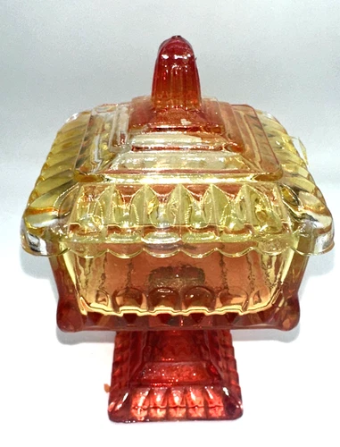 VTG Jeanette Glass Amberina Wedding Box Pedestal Candy Dish READ