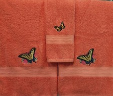 3 Piece Set of Bath Towels and Hand Towel with Butterfly Accent