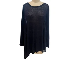 EILEEN FISHER Sweater SZ Med  Organic Linen Blend Sheer Asymmetric Pullover Navy