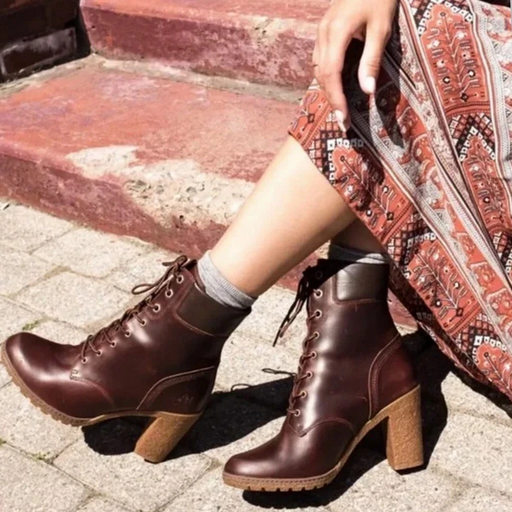 Stivaletti TIMBERLAND marrone lucido in pelle tacchi stringati alla caviglia A18Z6 taglia 10