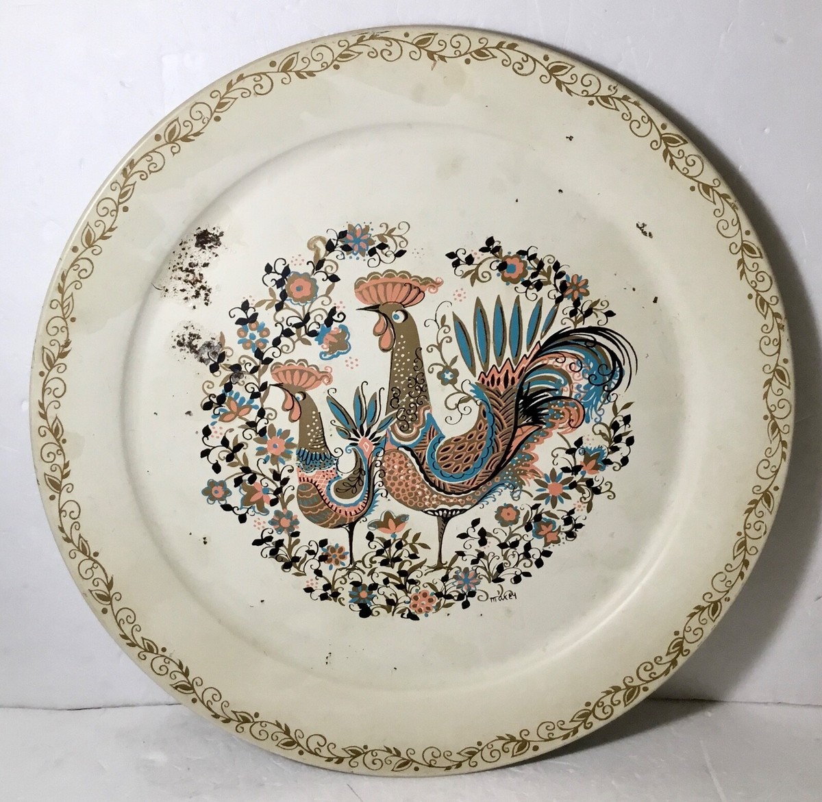 SOCIAL SUPPER TRAYS 19” ROUND MCM ROOSTER FLORAL OFF-WHITE TRAY AS
