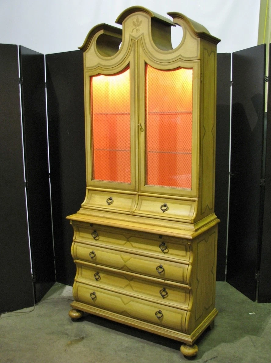Baker Furniture 1960 s Handpainted Provincial Display Cabinet On Bombe Chest