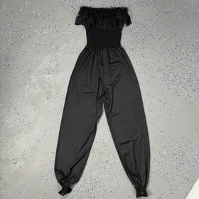 Vintage 80s Black Nylon Strapless Harem Jumpsuit Smocked Bodice Lace Trim Small