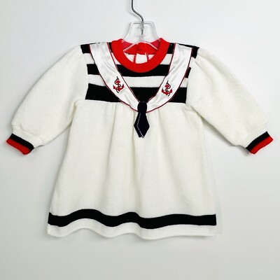 Vintage Sailor Sweater Dress 18 Months White Navy Blue Red Nautical Satin Sash