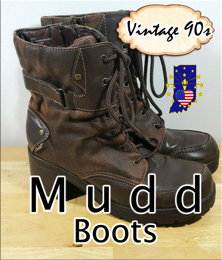 Mudd Vintage 90s Y2K Brown Faux Leather Suede Platform Lace Boots