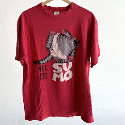 Bernard Kliban Sumo Cat L Vintage Unisex Red Tshirt Front & Back Graphic Design