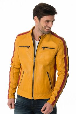 Modisch Herren Gelb Lederjacke Echt Lammleder Biker Motorradjacke