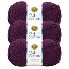  3 Pack Lion Brand Yarn 761-159G 24/7 Cotton  Yarn, Eggplant