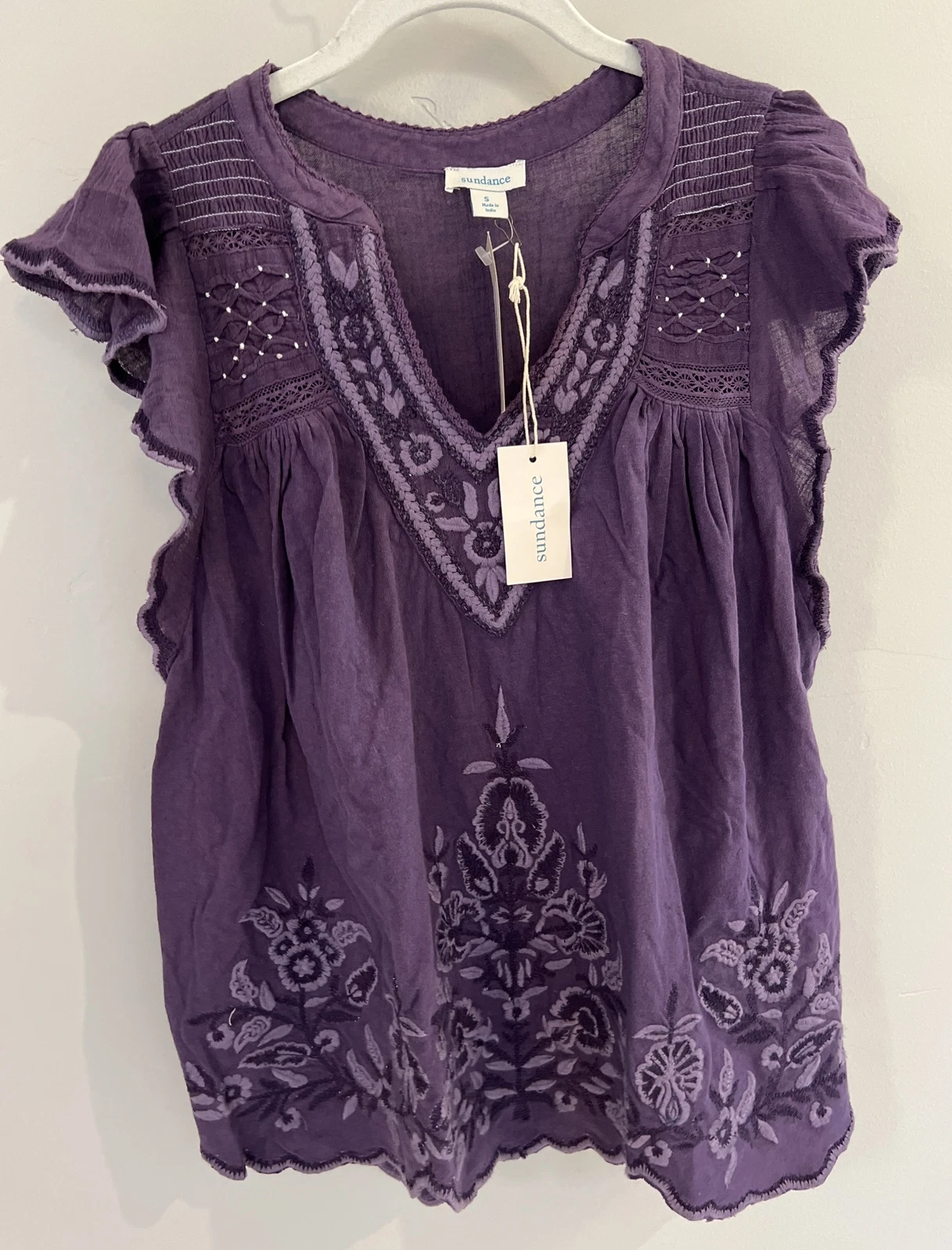 NWT Sundance Catalog Purple Embroidered “Felicity Flutter Top” Size S $108