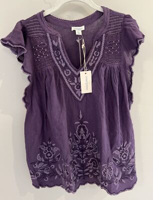 NWT Sundance Catalog Purple Embroidered  Felicity Flutter Top  Size S $108