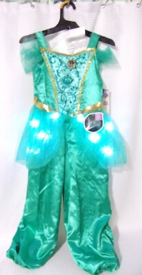 Disney Light-Up JASMINE Green Jumpsuit+Hair Clip Dress-Up Costume *Choose  Size*