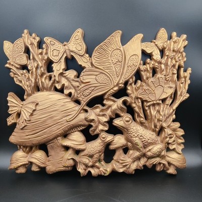 Vintage 1970's Homco Mushrooms Frog Butterfly Hanging Wall Art Plaque 17x13 Gold