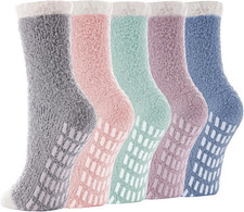5 Pairs Fuzzy Socks with Grips for Women, Non Slip Cozy Fluffy Soft Socks