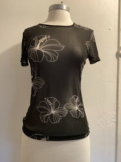 vintage 90's black mesh Hibiscus floral Baby Tee Vivienne Tam top sz S