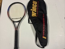 Vtg 90s Prince Thunder 870 Tennis Racket - 4 1/8 in, Long-body , Black/Red/Blue