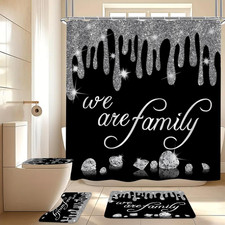 4Pcs Family Glitter Diamond Shower Curtain Sets, Black Famliy Shower Curtain wit