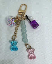 Gold Tone Beaded Bear Charm Key Chain Keyring Detachable Lobster Clasp