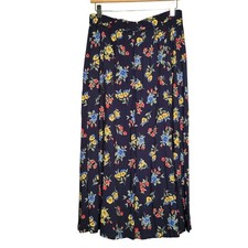 Vintage Cottagecore Modest Navy Blue Floral Button Front Midi Skirt Medium
