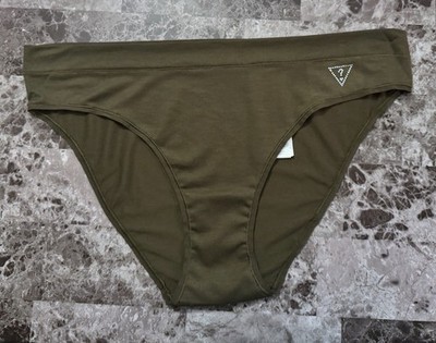 NWOT GUESS XL OLIVE GREEN THIN MATERIAL SILVER RHINESTONE LOGO BRIEF PANTIES