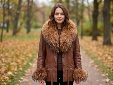 women's leather jacket with natural fox fur trim size m