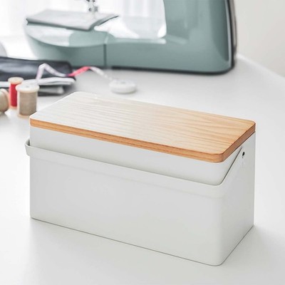 Yamazaki Home Nähkasten weiß mit Deckel Griff und Nadelkissen modern 27x13x14cm