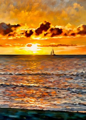 Sunset Sail Painting Aceo - Print of Original Digital Artwork 3.5x2.5 Mini Art