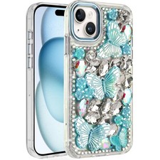 For iPhone 15 Case Bling Diamond Large Butterflies Cover  2 Tempered Glass