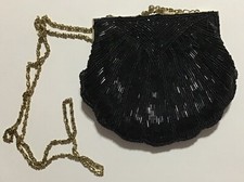 Vintage La Regale Black Beaded Scallop Evening Bag Purse Metal Chain Strap