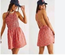 NWT Free People Large Petunia Boho Mini Dress Poppy Rusched Sleeveless, Low Back