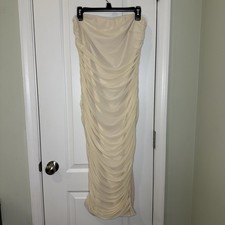 Women's Ruched Strapless Backless Tube Bodycon Cream Mesh Summer Dress Size XL
