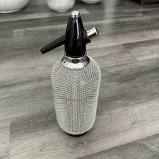 Vintage Mesh Soda Siphon Bottle Chrome Top Glass Seltzer Barware Decor